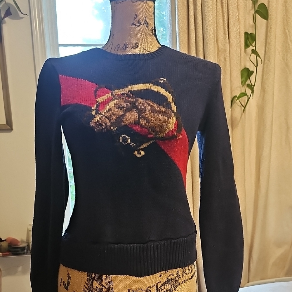 Ralph Lauren Cotton Horse Sweater W/ Button Detailing & Faux Suede Elbow Patches